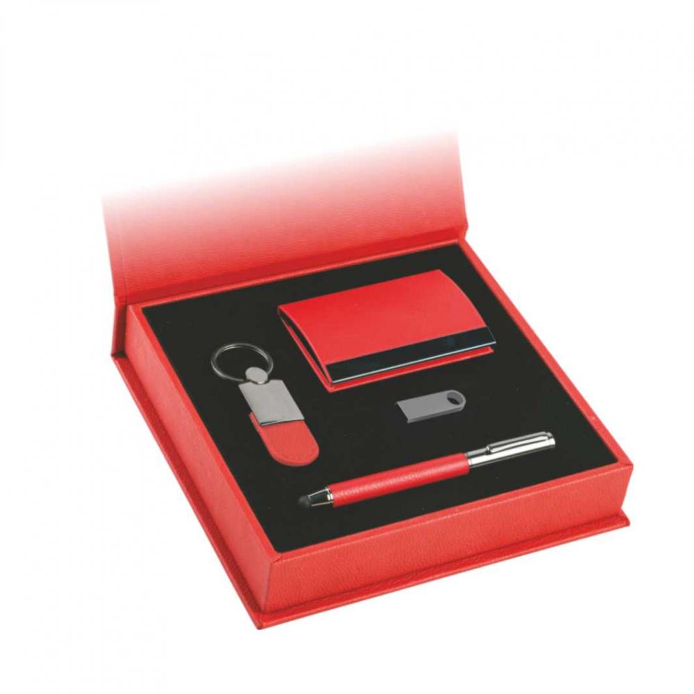 8055 Vip Set(1) Kişiye Özel Deri Kutulu Roller Kalem & Kartvizitlik & Anahtarlık & USB Bellek Hediye Seti (Kırmızı) - Görsel 1