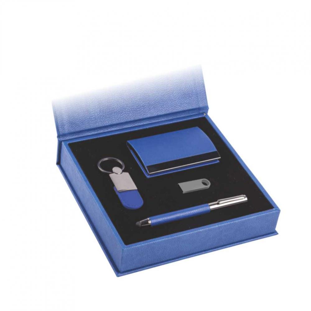 8055 Vip Set(3) Kişiye Özel Deri Kutulu Roller Kalem & Kartvizitlik & Anahtarlık & USB Bellek Hediye Seti (Mavi) - Görsel 1