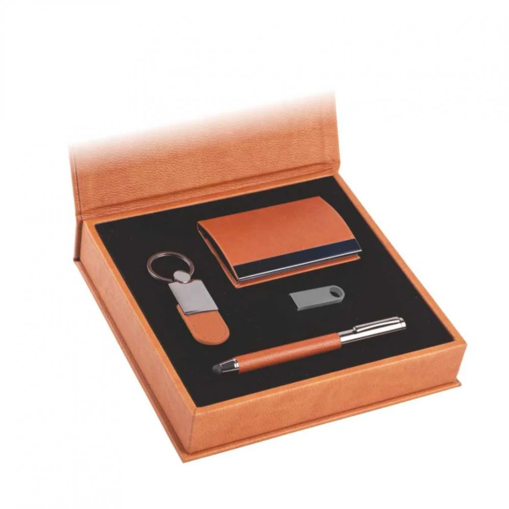 Kişiye Özel Deri Kutulu Roller Kalem & Kartvizitlik & Anahtarlık & USB Bellek Hediye Seti (Turuncu) - Görsel 1