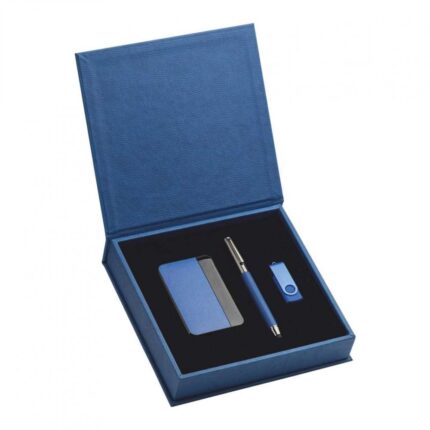 Kişiye Özel Deri Kutulu Powerbank & USB Bellek & Metal Roller Kalem Hediye seti (Mavi)