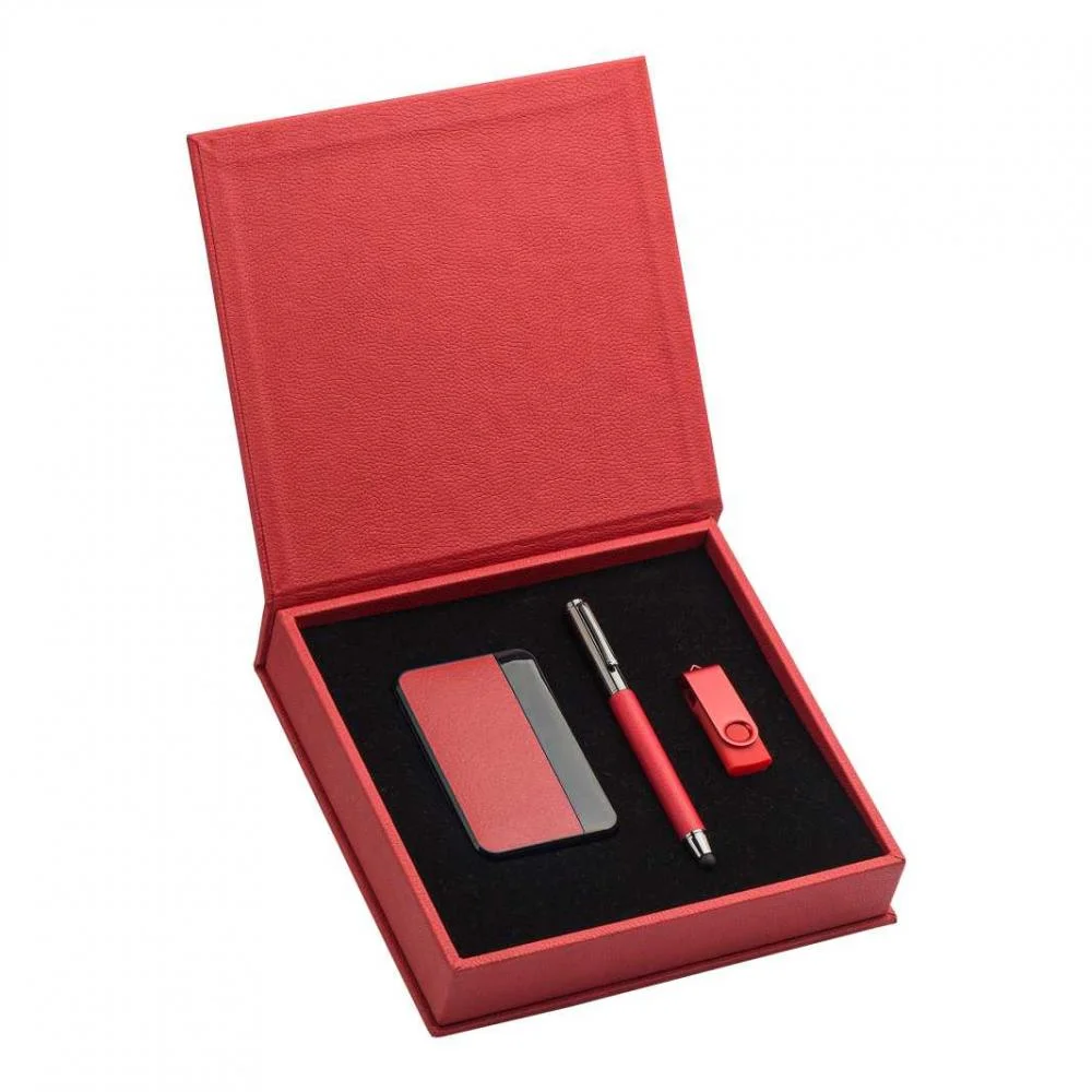 Kişiye Özel Deri Kutulu Powerbank & USB Bellek & Metal Roller Kalem Hediye seti (Kırmızı) - Görsel 1