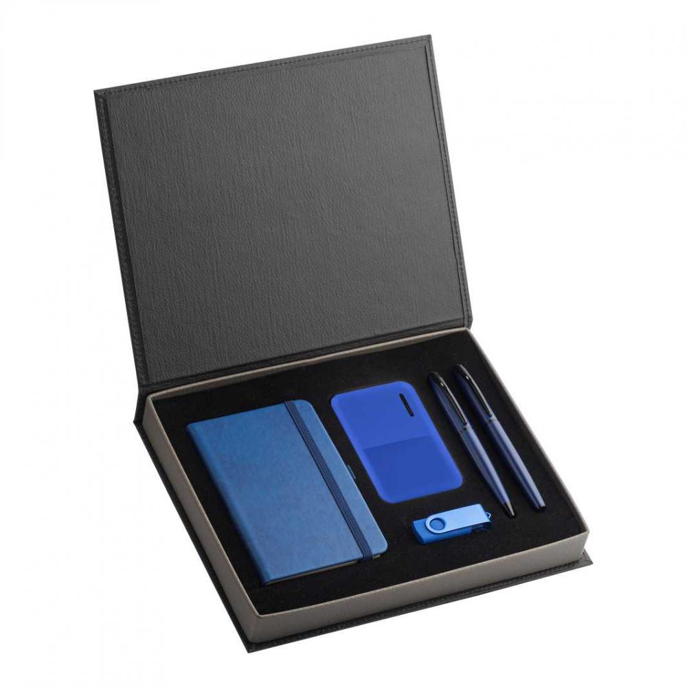 8125 Vip Set(3) Kişiye Özel Deri Kutulu Defter & Metal Roller Kalem & Powerbank & USB Bellek Hediye Seti (Mavi) - Görsel 1