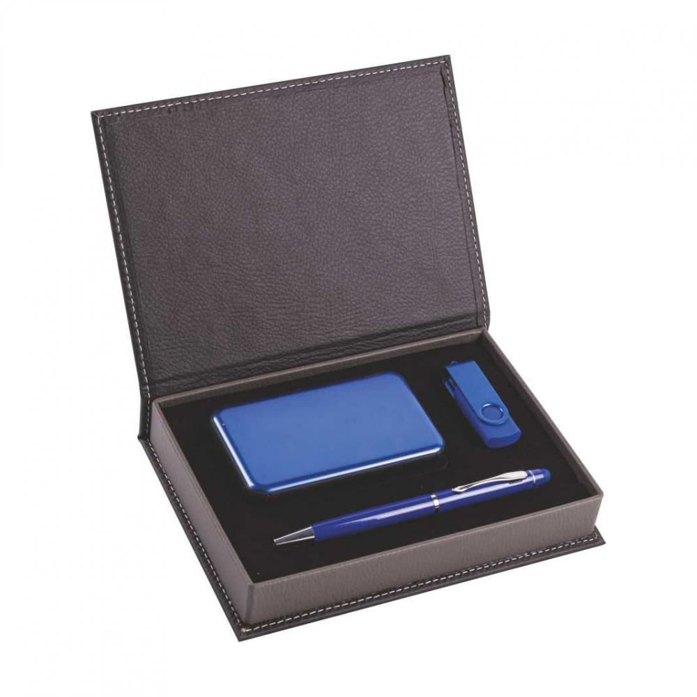 8190 Vip Set(1) Kişiye Özel Deri Kutulu Powerbank & Usb Bellek & Metal Kalem Hediye Seti (Mavi) - Görsel 1