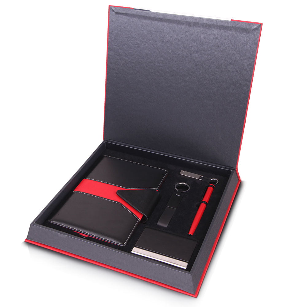 KİRAZ KIRMIZI Kişiye Özel Renkli Deri Kutulu Defter & Metal Roller Kalem & Anahtarlık & USB Bellek & Deri Kartvizitlik Hediyelik Seti - Görsel 1