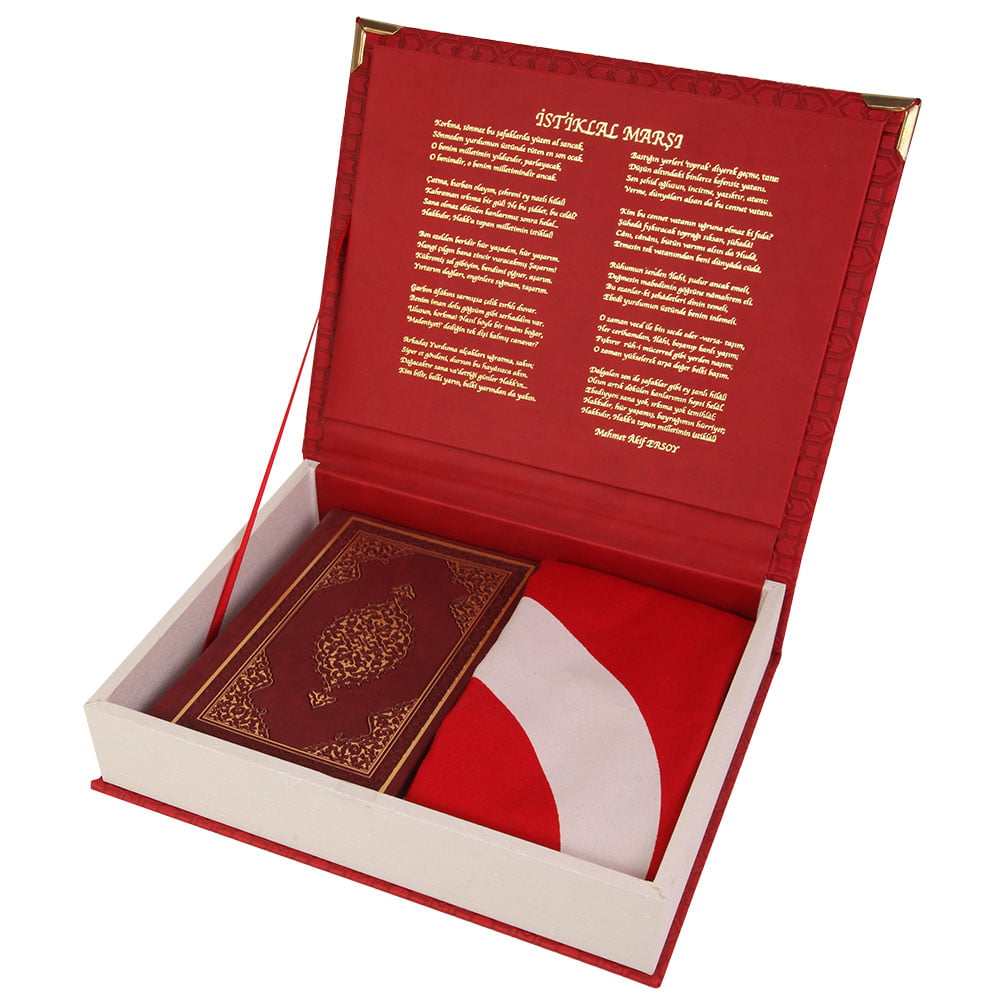 İLİM SETİ İstiklal Marşı Yazılı Özel Deri Kutulu Türk Bayrağı & Kuran'ı Kerim Hediye Seti - Görsel 1