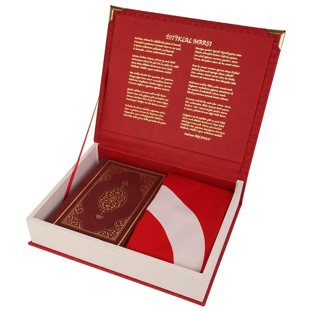 İLİM SETİ İstiklal Marşı Yazılı Özel Deri Kutulu Türk Bayrağı & Kuran'ı Kerim Hediye Seti - Görsel 1